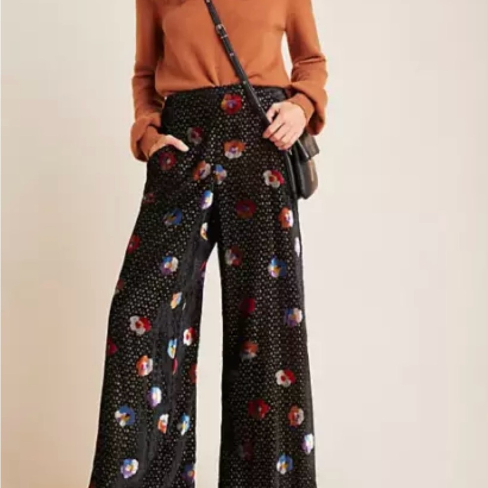 Eva Franco Black Floral Wide Leg Pants